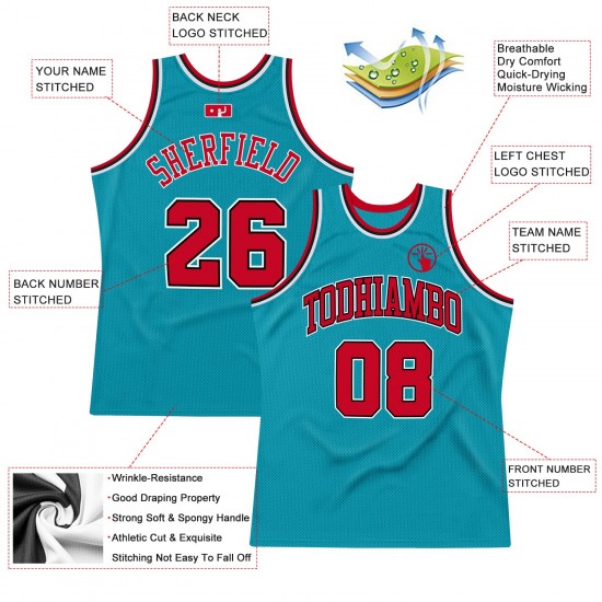 Custom Teal Red-Black Authentic Throwback Basketball Jersey