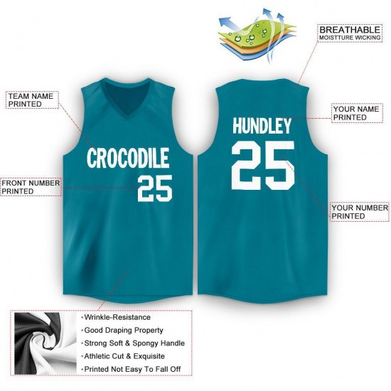 Custom Teal White V-Neck Basketball Jersey