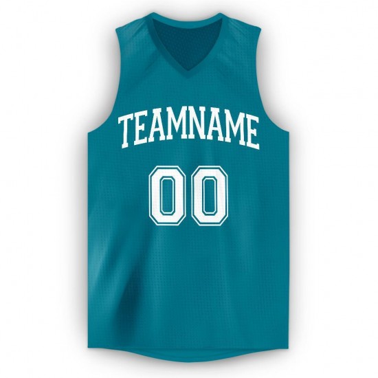 Custom Teal White V-Neck Basketball Jersey