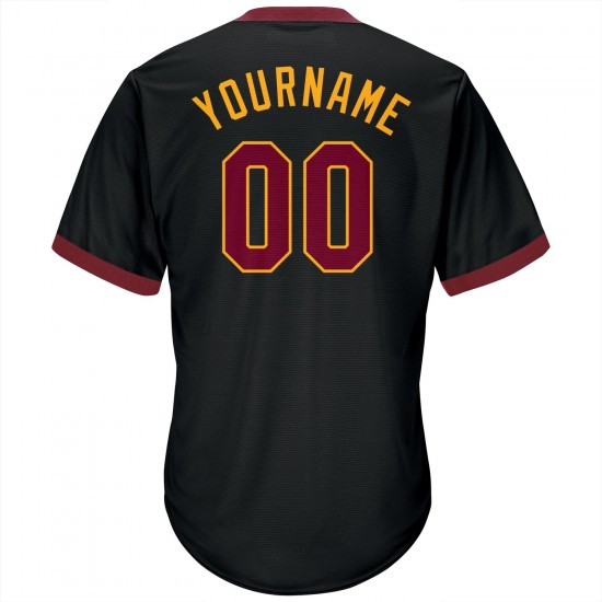 Custom Black Maroon-Gold Authentic Throwback Rib-Knit Baseball Jersey Shirt