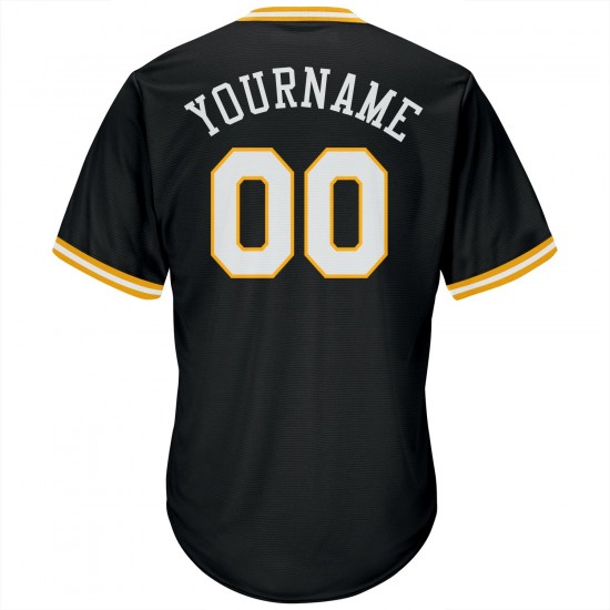 Custom Black White-Gold Authentic Throwback Rib-Knit Baseball Jersey Shirt