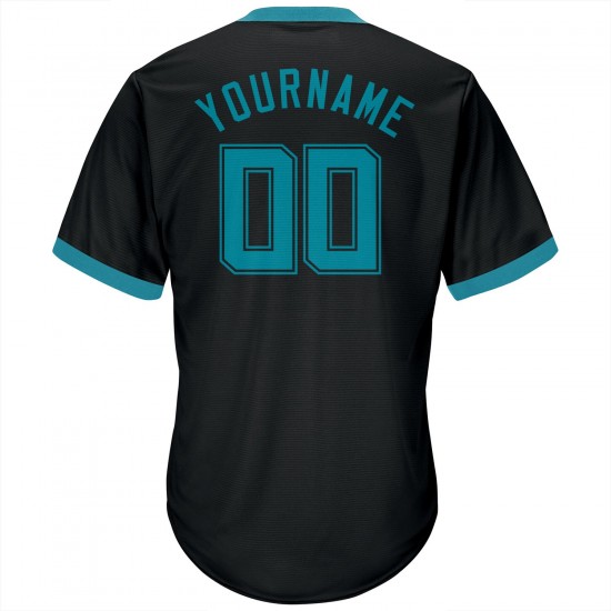 Custom Black Teal-Black Authentic Throwback Rib-Knit Baseball Jersey Shirt