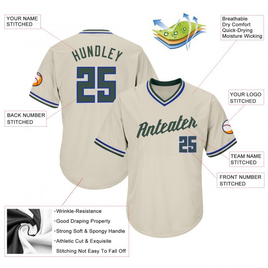 Custom Cream Hunter Green-Royal Authentic Throwback Rib-Knit Baseball Jersey Shirt