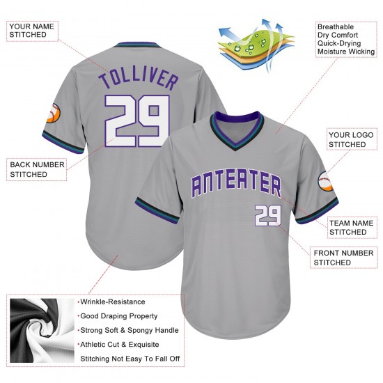 Custom Gray White-Purple Authentic Throwback Rib-Knit Baseball Jersey Shirt