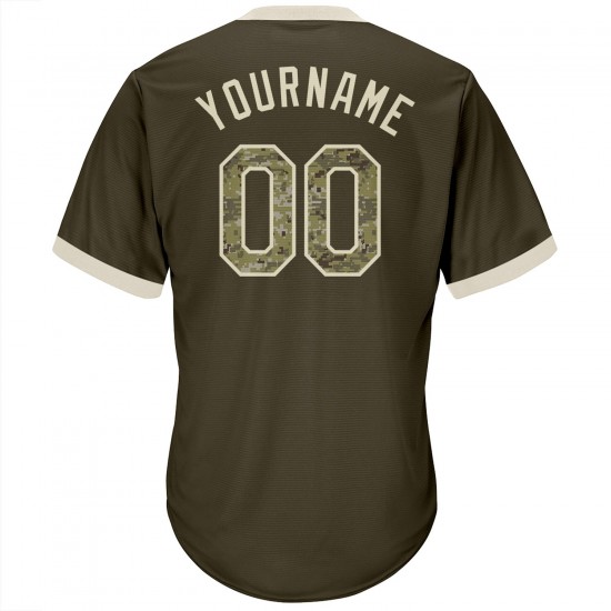 Custom Olive Camo-Cream Authentic Salute To Service Throwback Rib-Knit Baseball Jersey Shirt