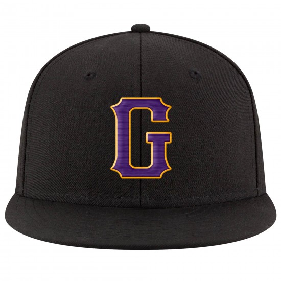 Custom Black Purple-Gold Stitched Adjustable Snapback Hat