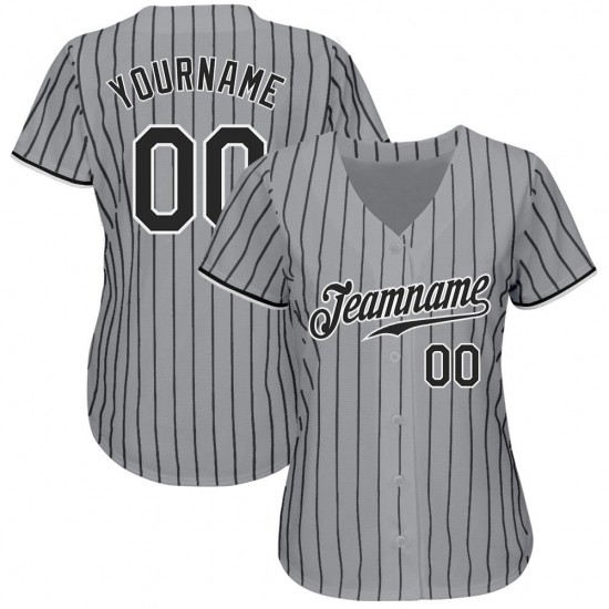 Custom Gray Black Strip Black-White Authentic Baseball Jersey