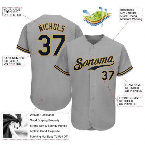 Custom Gray Navy-Old Gold Authentic Baseball Jersey