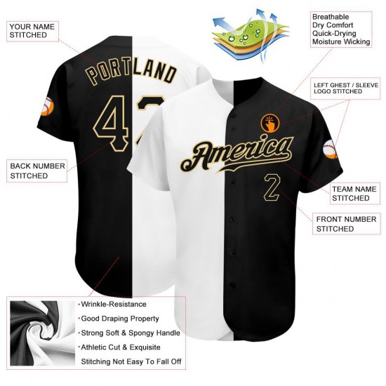 Custom White-Black Vegas Gold Authentic Split Fashion Baseball Jersey