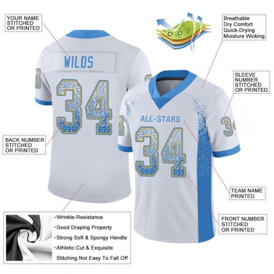 Custom White Powder Blue-Gold Mesh Drift Fashion Football Jersey