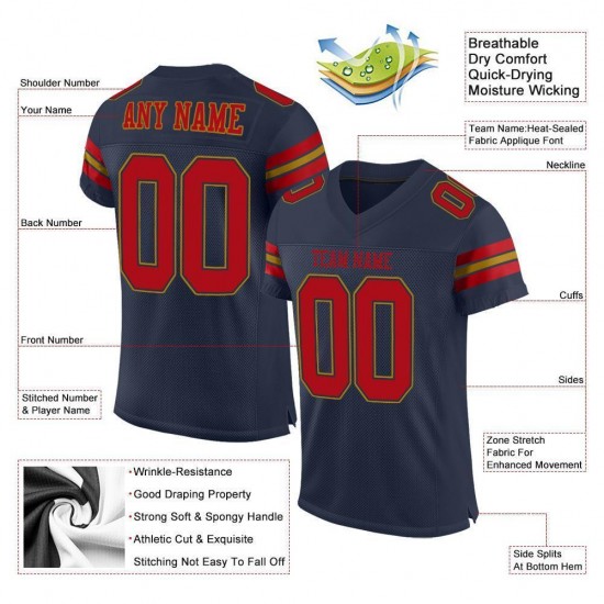 Custom Navy Red-Old Gold Mesh Authentic Football Jersey