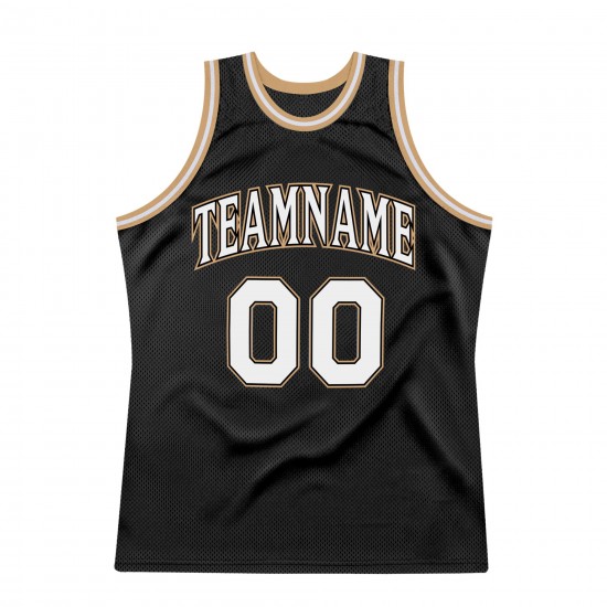 Custom Black White-Old Gold Authentic Throwback Basketball Jersey