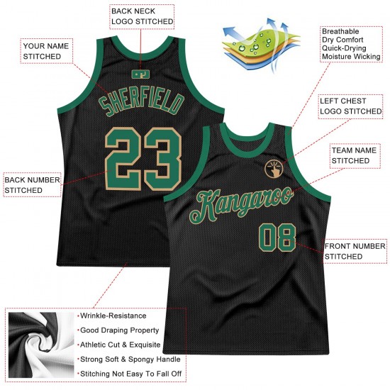 Custom Black Kelly Green-Old Gold Authentic Throwback Basketball Jersey