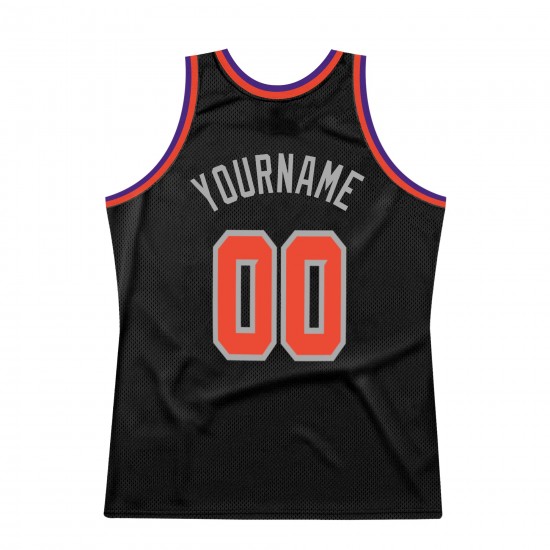 Custom Black Orange-Silver Gray Authentic Throwback Basketball Jersey