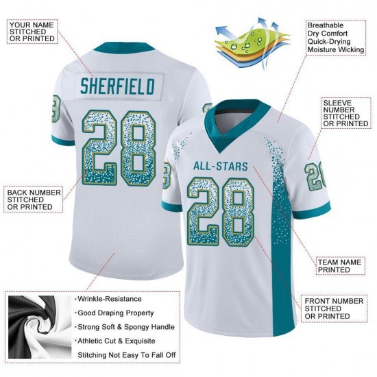 Custom White Teal-Old Gold Mesh Drift Fashion Football Jersey