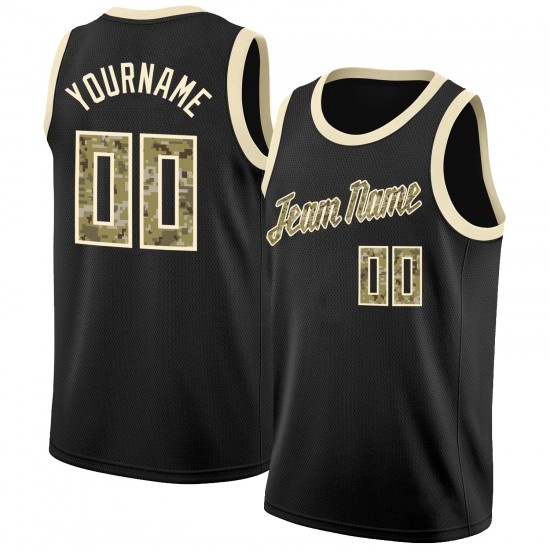 Custom Black Camo-Cream Round Neck Rib-Knit Basketball Jersey