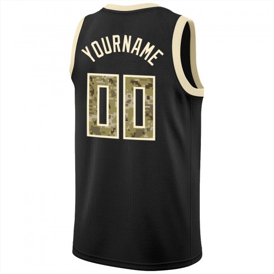 Custom Black Camo-Cream Round Neck Rib-Knit Basketball Jersey